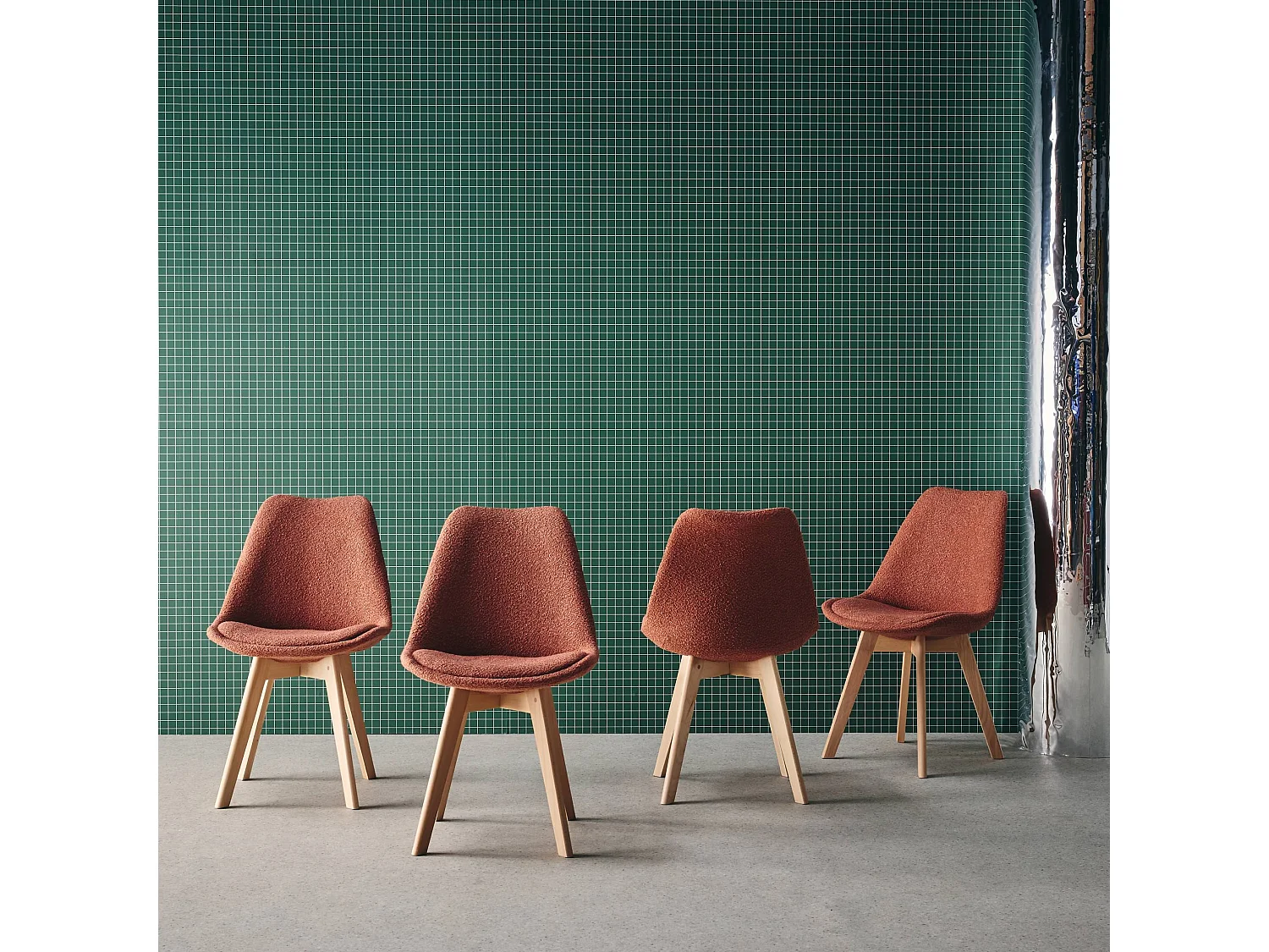 Lot de 4 chaises scandinaves revêtement bouclette texturée terracotta. pieds bois de hêtre - Nils