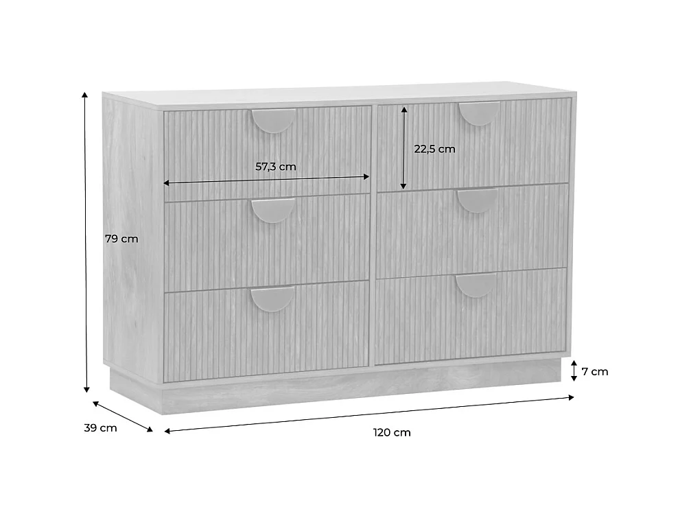 Commode décor bois de manguier rainuré 6 tiroirs - 120 x 39 x 79 cm - Celian