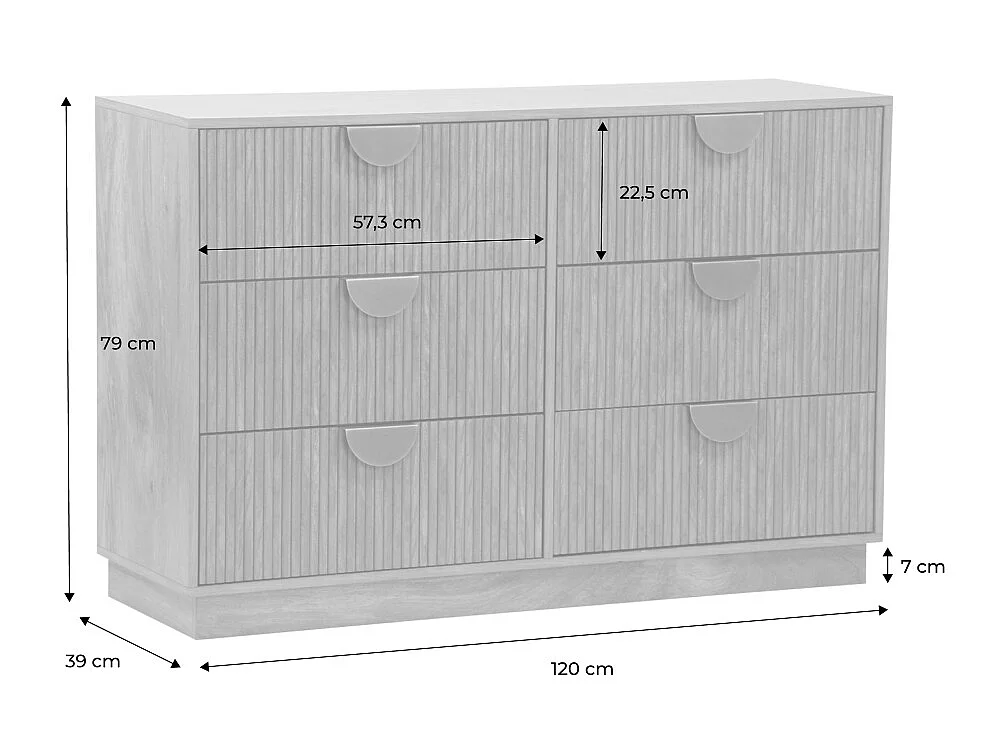 Commode décor bois de manguier rainuré 6 tiroirs - 120 x 39 x 79 cm - Celian
