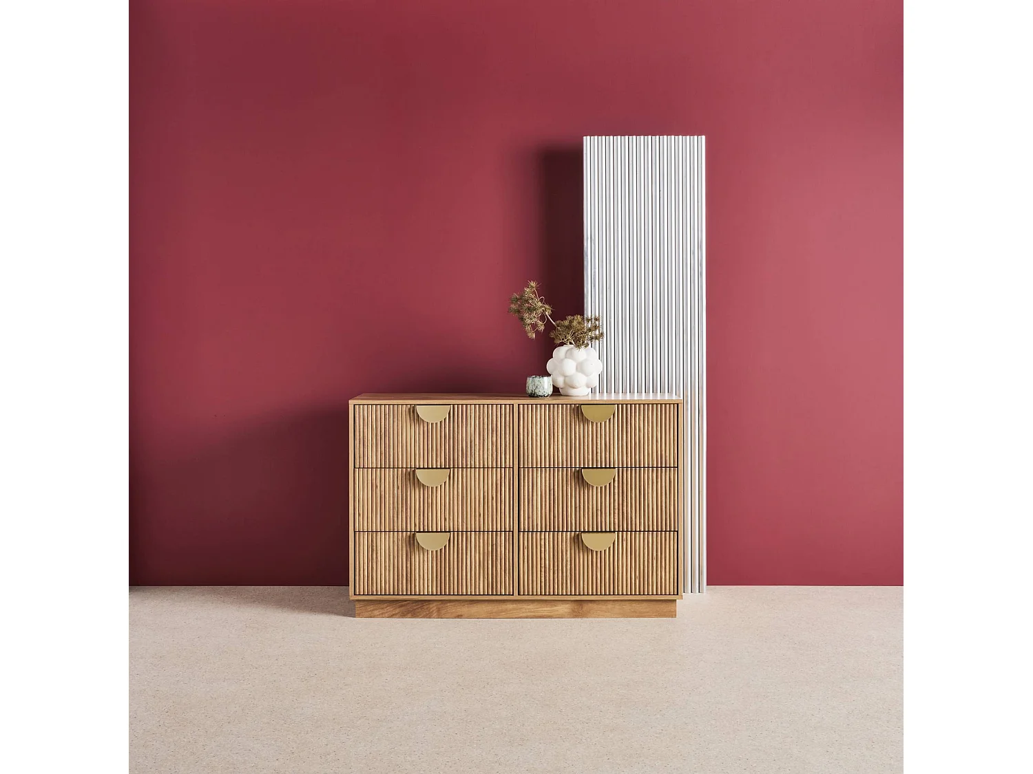 Commode décor bois de manguier rainuré 6 tiroirs - 120 x 39 x 79 cm - Celian