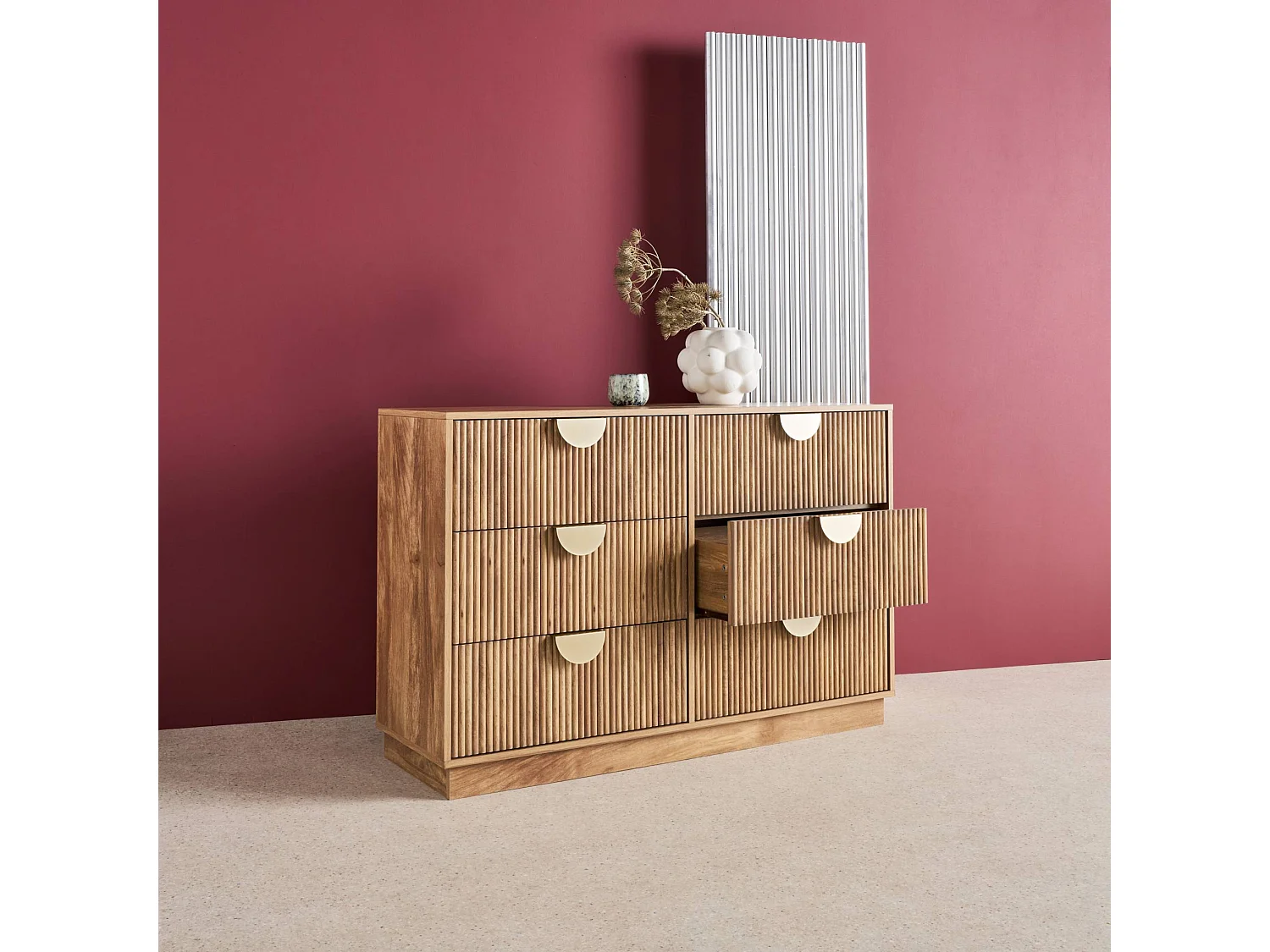 Commode décor bois de manguier rainuré 6 tiroirs - 120 x 39 x 79 cm - Celian