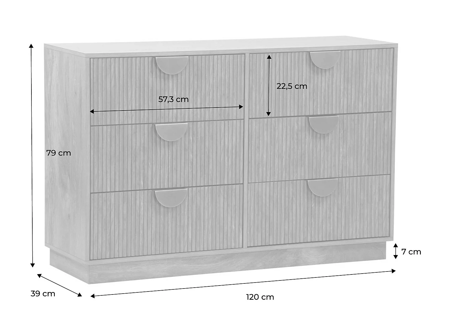 Commode décor bois de manguier rainuré 6 tiroirs - 120 x 39 x 79 cm - Celian
