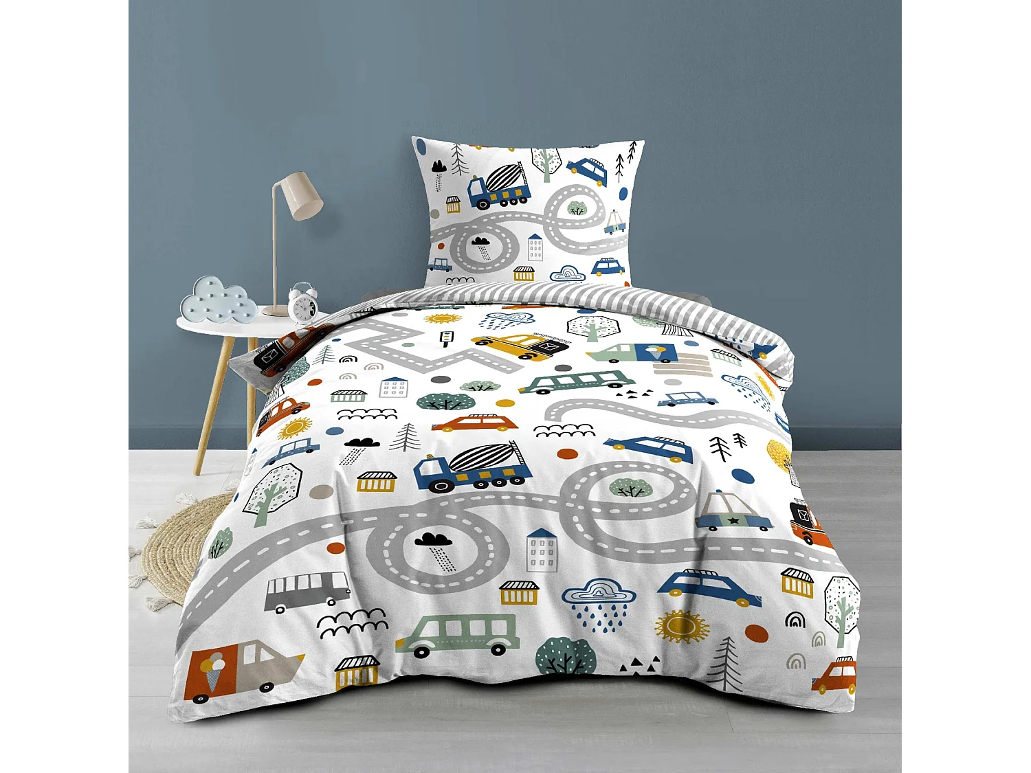 Kinderbettwäsche-Set aus Baumwolle, wendbar, mit Fahrzeug- und Straßenmotiv