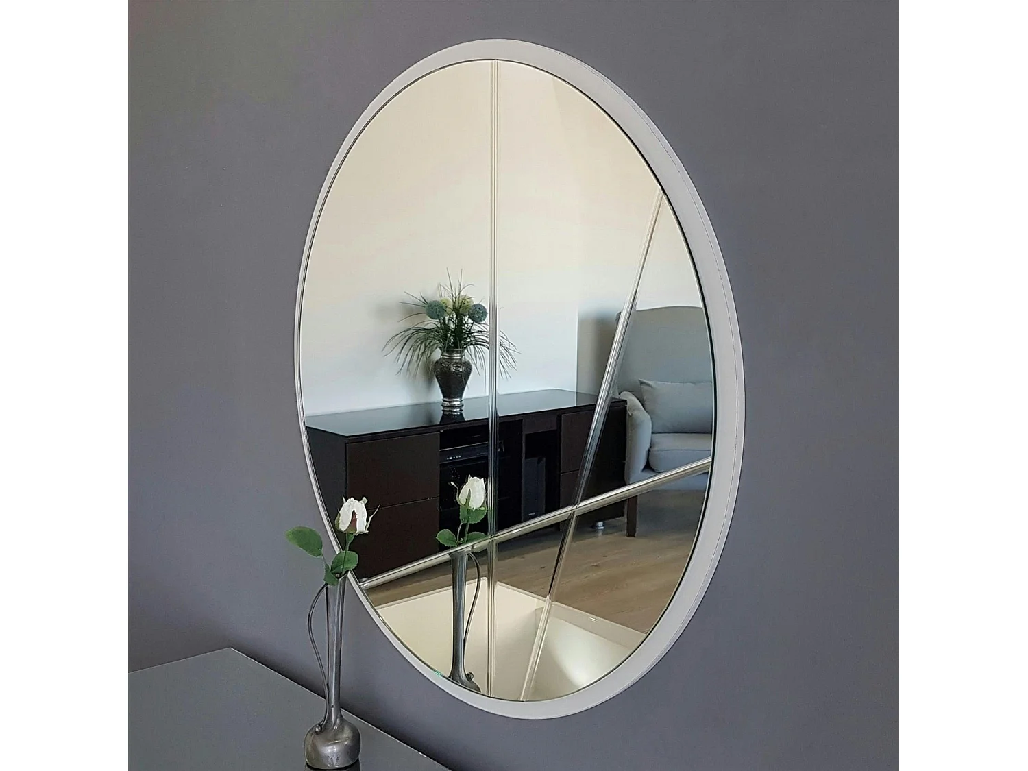 Miroir d'entrée blanc Ø60 cm avec lignes graphiques CODY