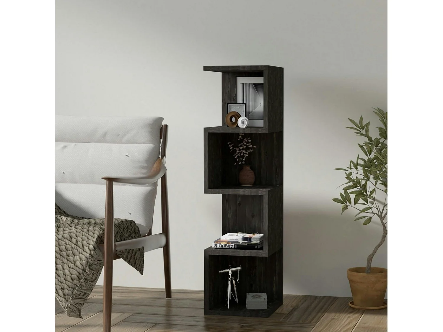 Étagère colonne design effet bois gris - niches zigzag MARFA