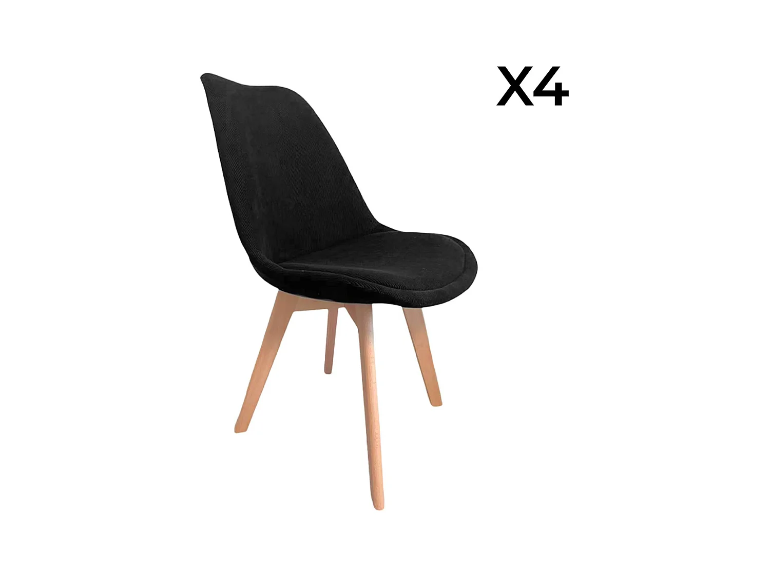 Lot de 4 chaises scandinaves revêtement velours côtelé noir. pieds bois de hêtre - Nils