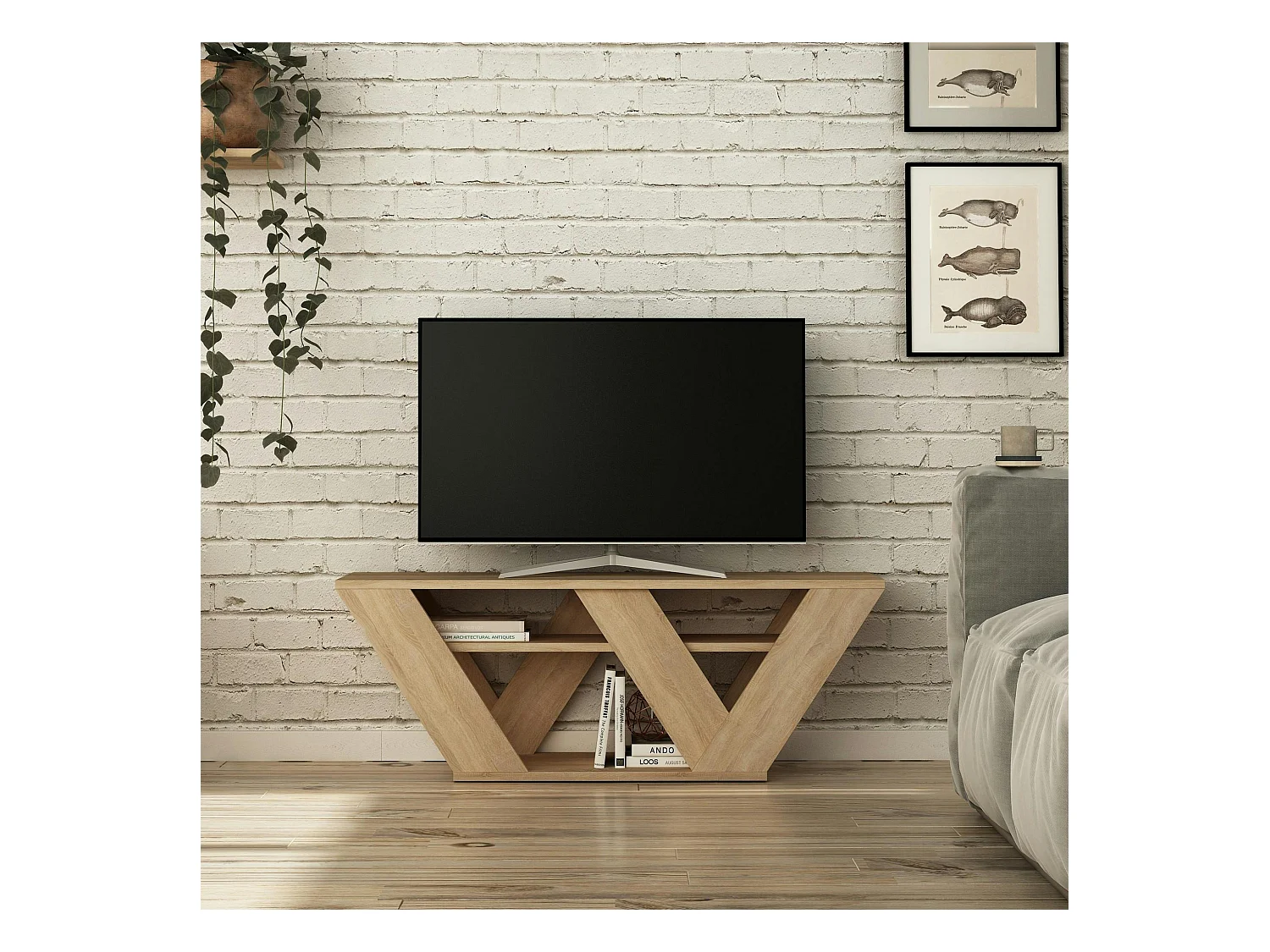 Meuble TV avec rangement effet bois clair - pied en W MARFA