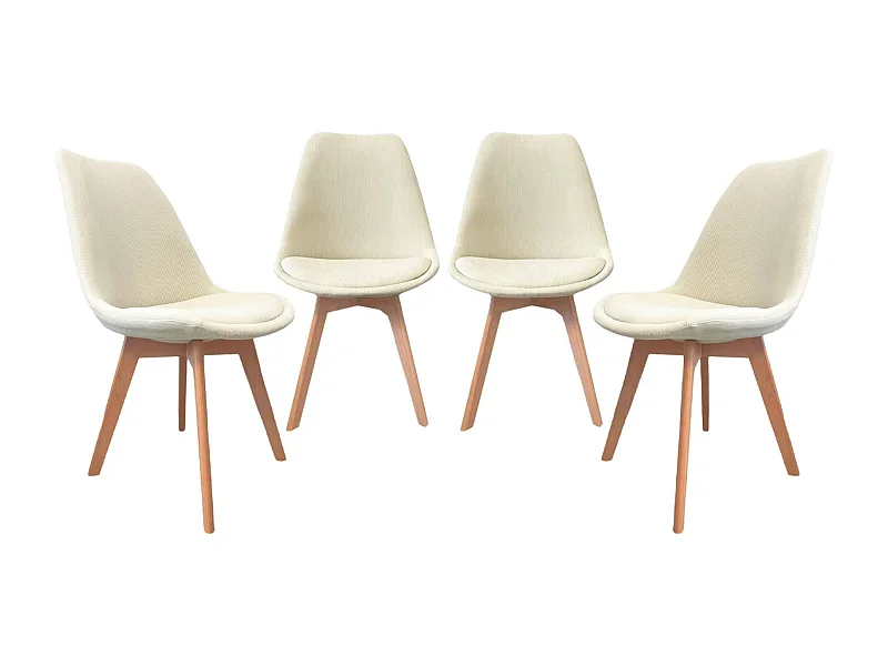 Lot de 4 chaises scandinaves revêtement velours côtelé blanc cassé. pieds bois de hêtre - Nils