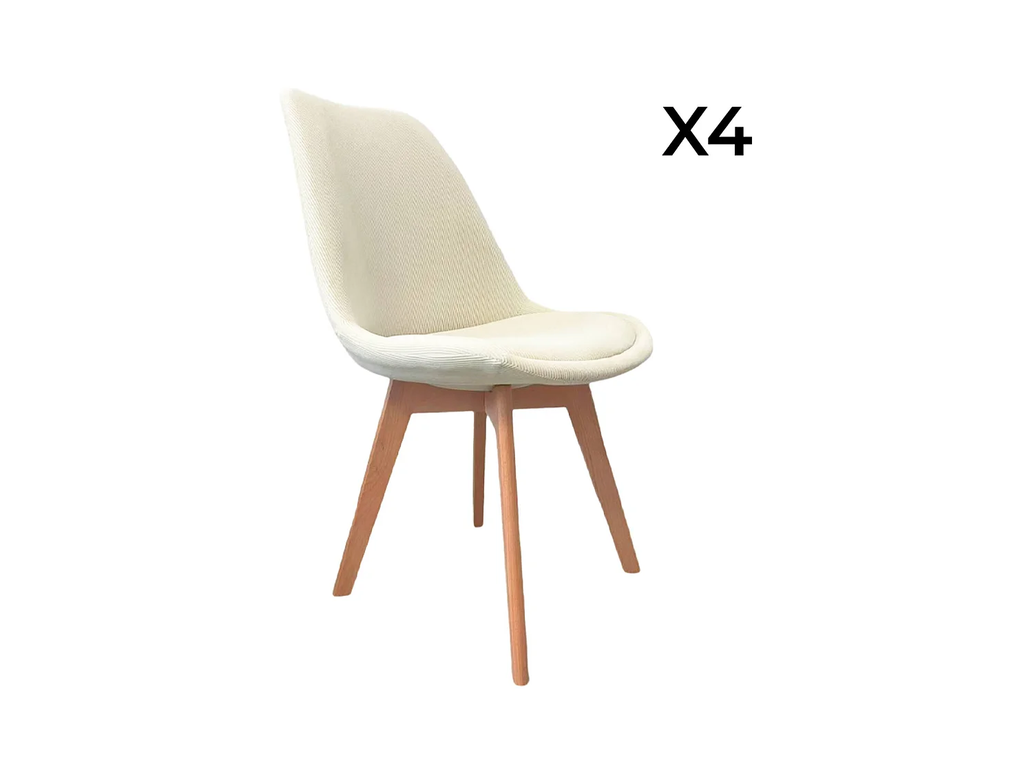 Lot de 4 chaises scandinaves revêtement velours côtelé blanc cassé. pieds bois de hêtre - Nils