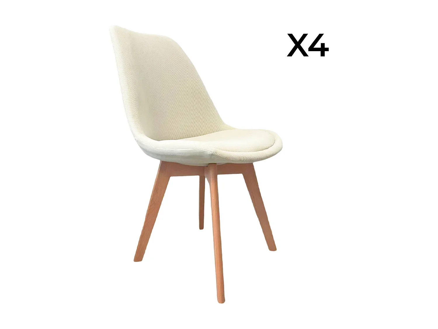 Lot de 4 chaises scandinaves revêtement velours côtelé blanc cassé. pieds bois de hêtre - Nils