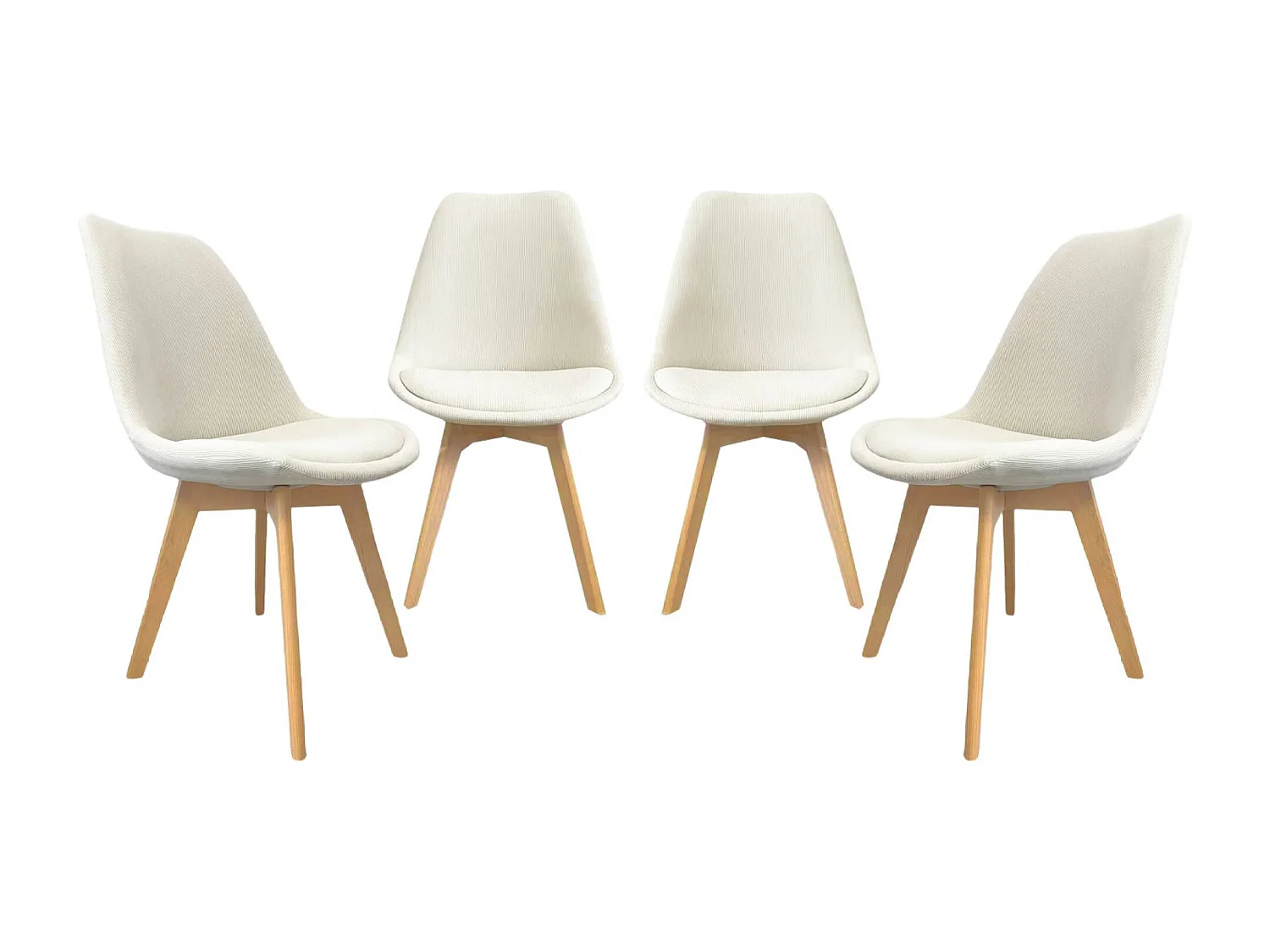 Silla escandinava de madera de haya y pana fina, set de 4 blanco roto