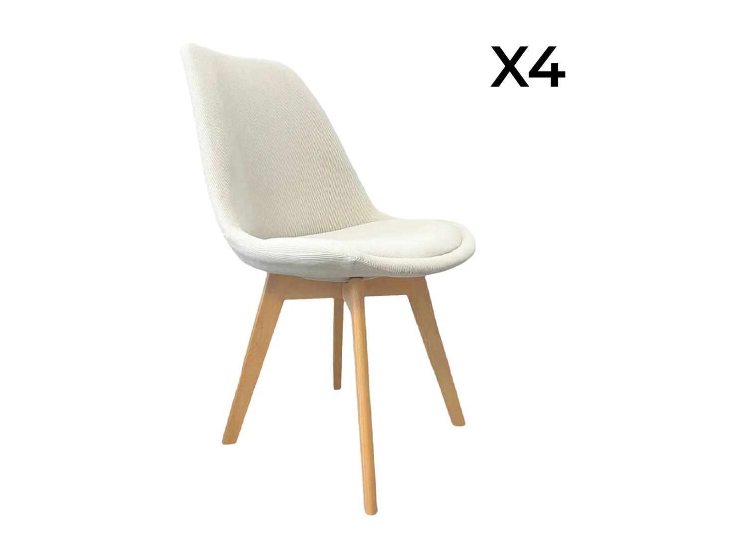 Silla escandinava de madera de haya y pana fina, set de 4 blanco roto