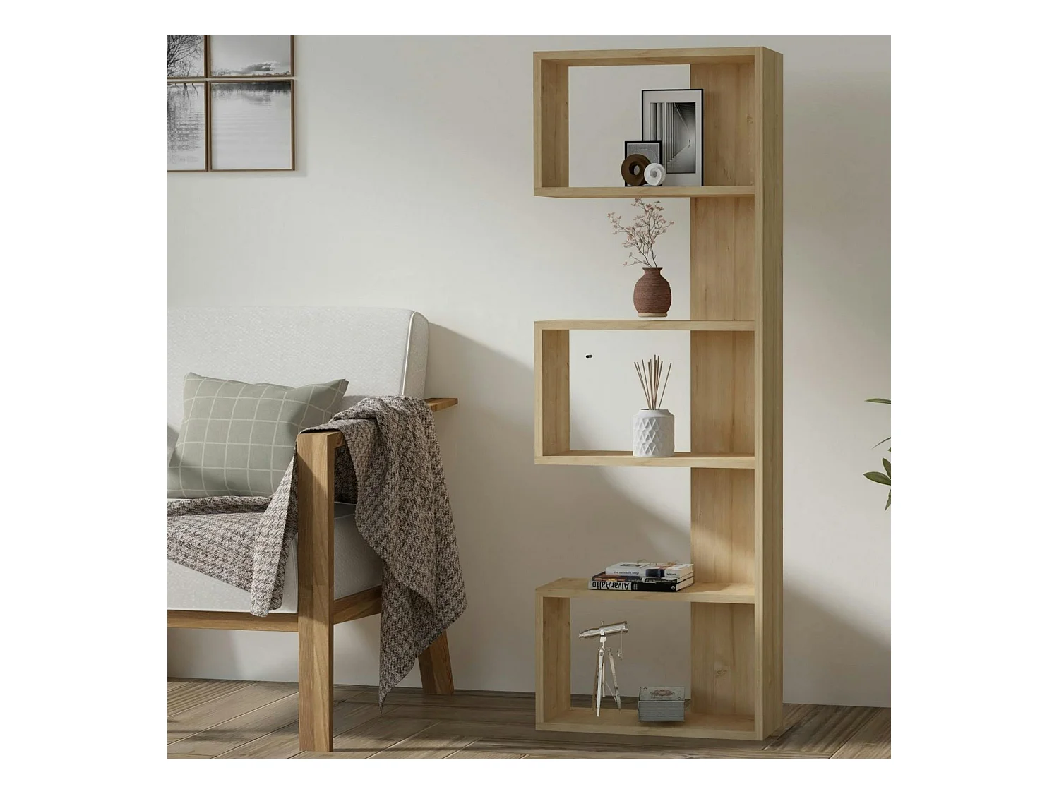 Étagère d'angle moderne effet bois clair - 3 niches MARFA