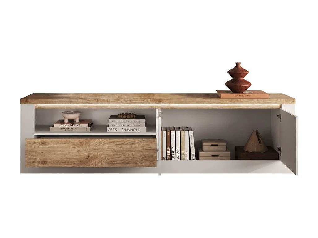 Banc TV SASHA – 2 portes, 1 tiroir et 1 niche ouverte avec LED – Blanc laqué et chêne Cadiz