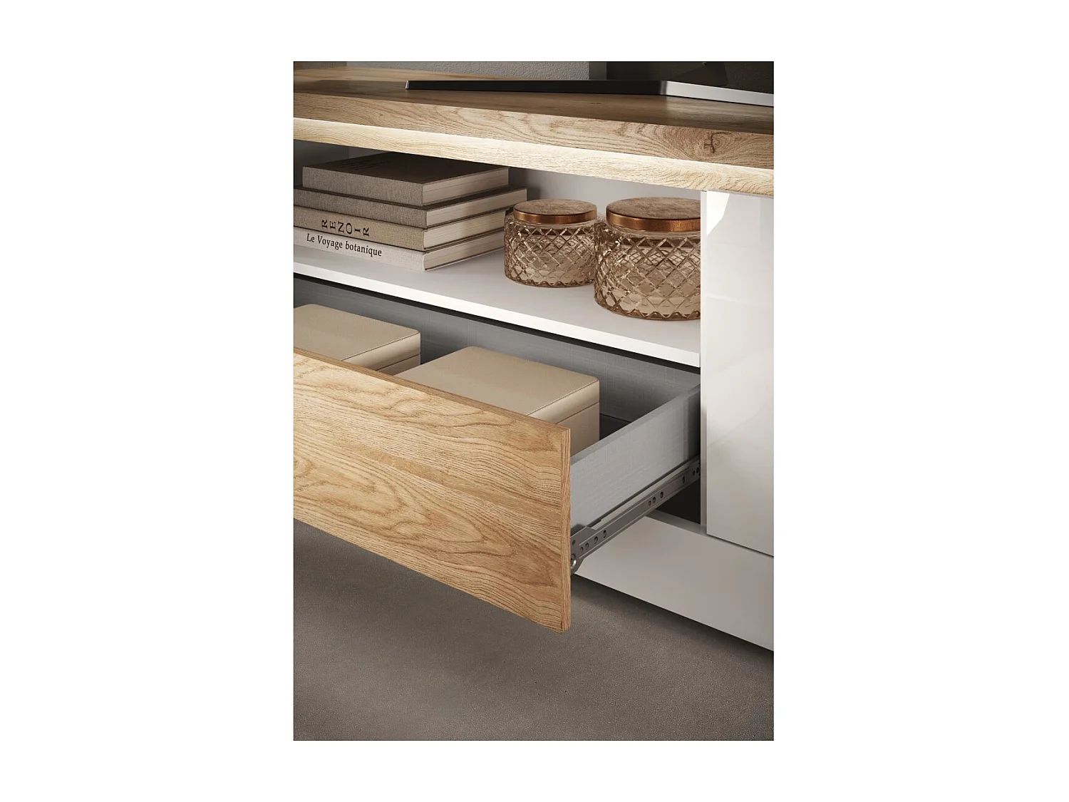 Banc TV SASHA – 2 portes, 1 tiroir et 1 niche ouverte avec LED – Blanc laqué et chêne Cadiz