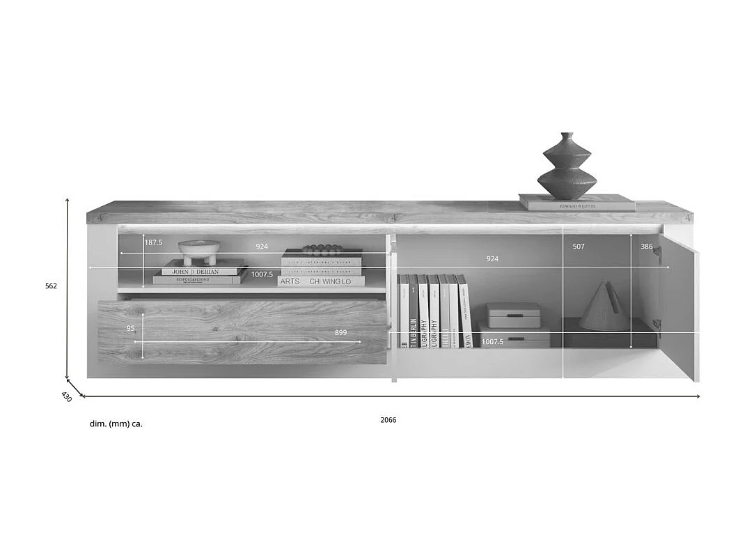 Banc TV SASHA – 2 portes, 1 tiroir et 1 niche ouverte avec LED – Blanc laqué et chêne Cadiz