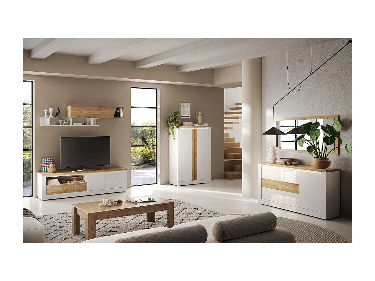 Banc TV SASHA – 2 portes, 1 tiroir et 1 niche ouverte avec LED – Blanc laqué et chêne Cadiz