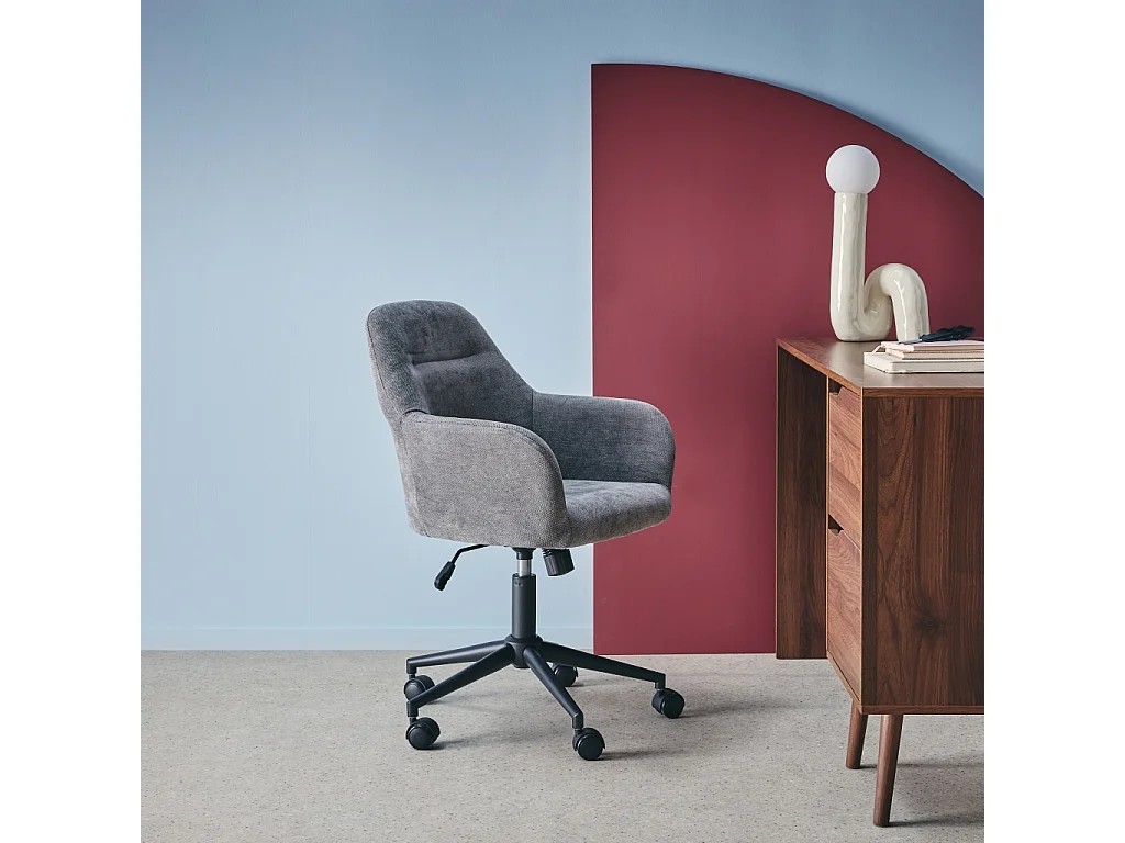 Sedia da ufficio con ruote regolabile in metallo e tessuto, grigio