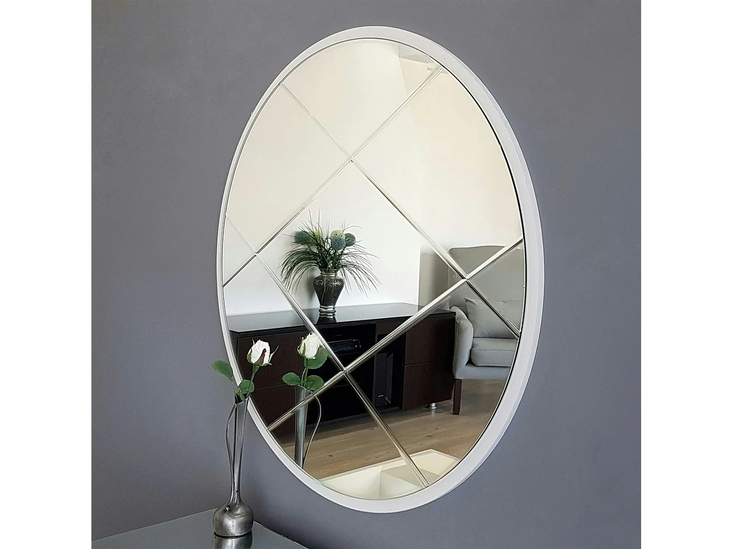 Miroir rond blanc Ø60 cm motif croisé - style moderne CODY