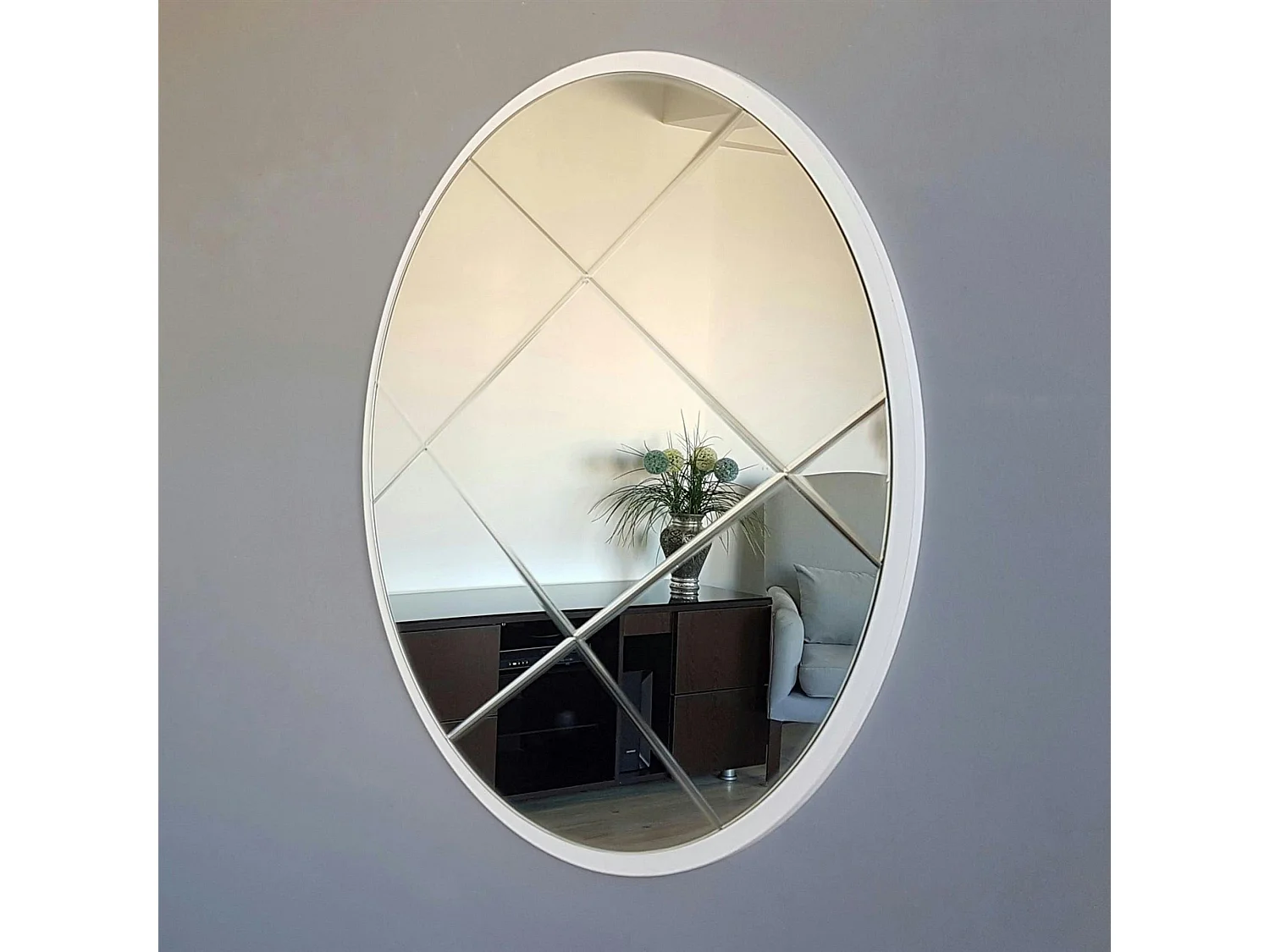 Miroir rond blanc Ø60 cm motif croisé - style moderne CODY