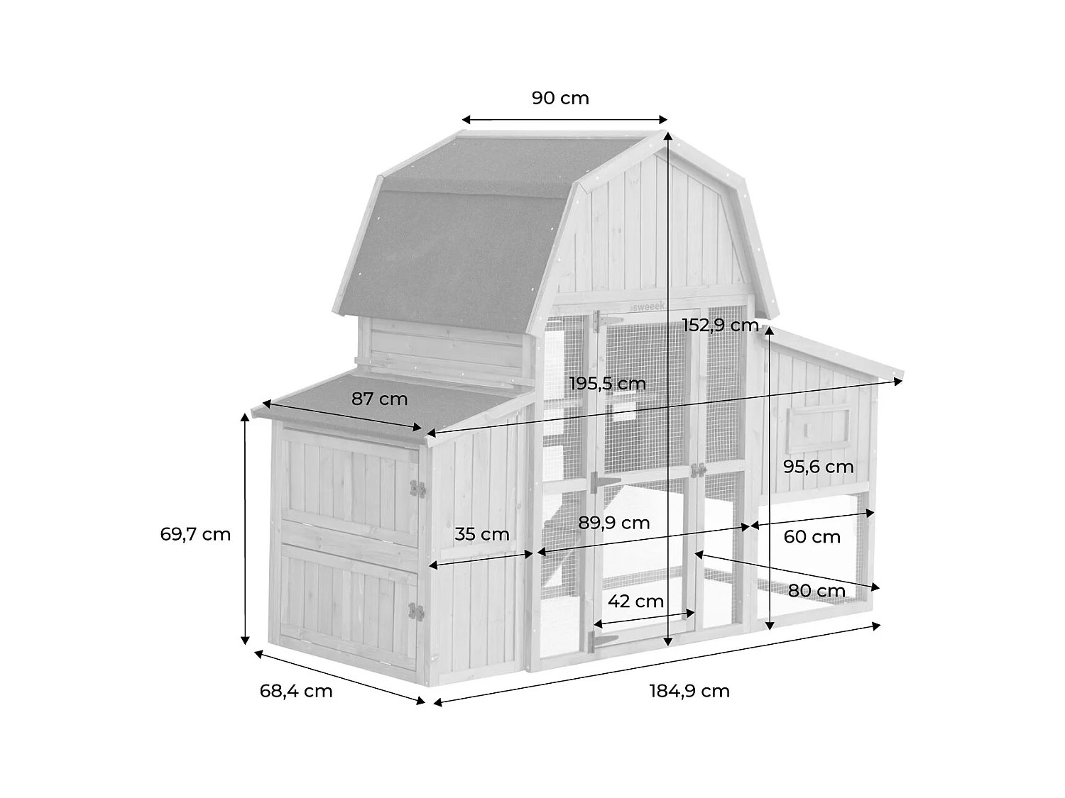 Poulailler 6 poules bois de sapin - 195.5 x 90 x 152.5 cm - Gasconne