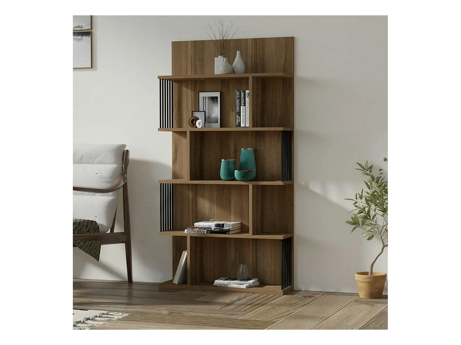 Bibliothèque design effet bois noyer niches asymétriques UMEA