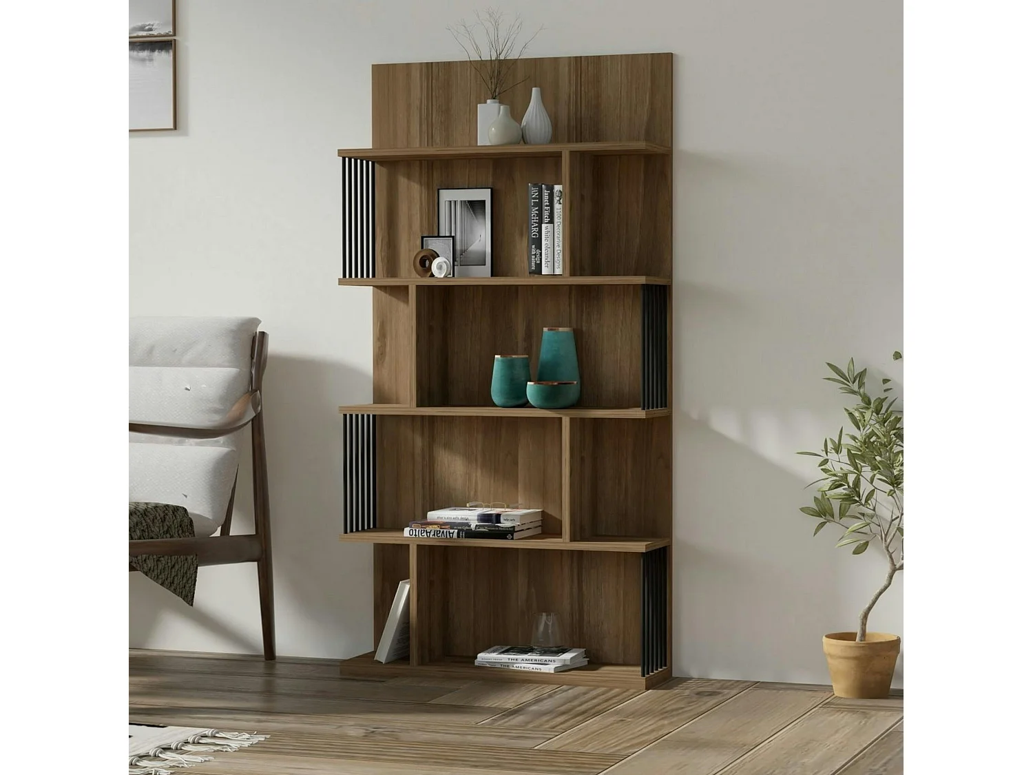 Bibliothèque design effet bois noyer niches asymétriques UMEA