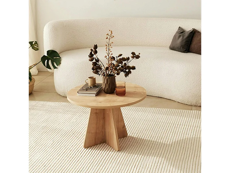 Table basse ronde effet bois clair & pieds trapèze MARFA