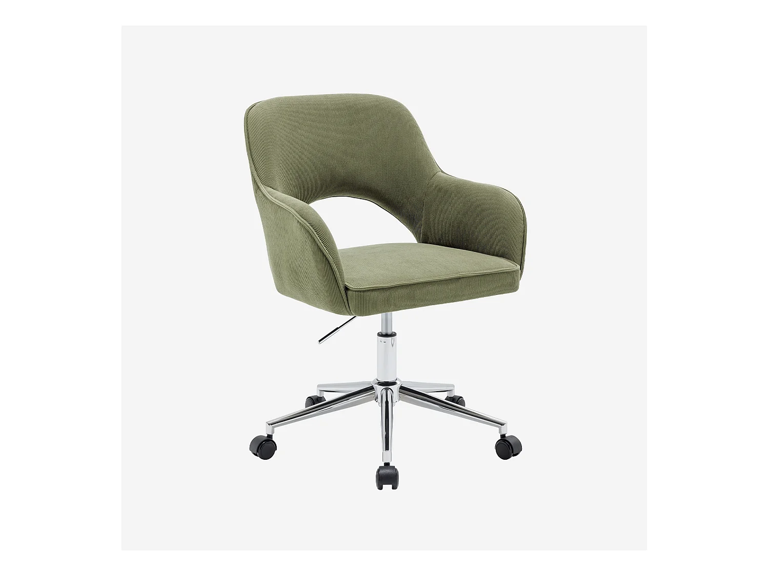 Sedia da ufficio a rotelle velluto a coste base cromata, verde kaki