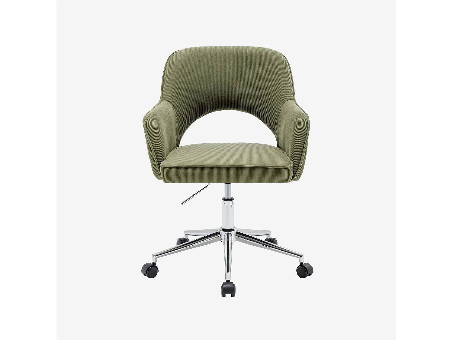 Sedia da ufficio a rotelle velluto a coste base cromata, verde kaki