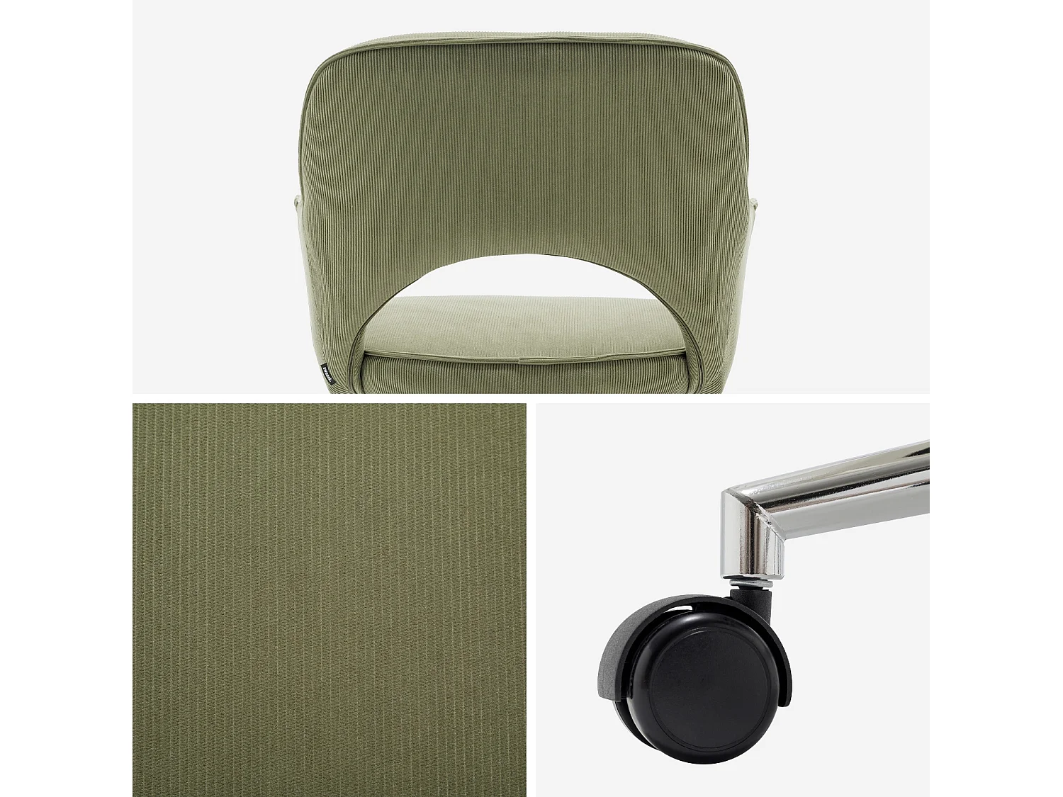 Sedia da ufficio a rotelle velluto a coste base cromata, verde kaki