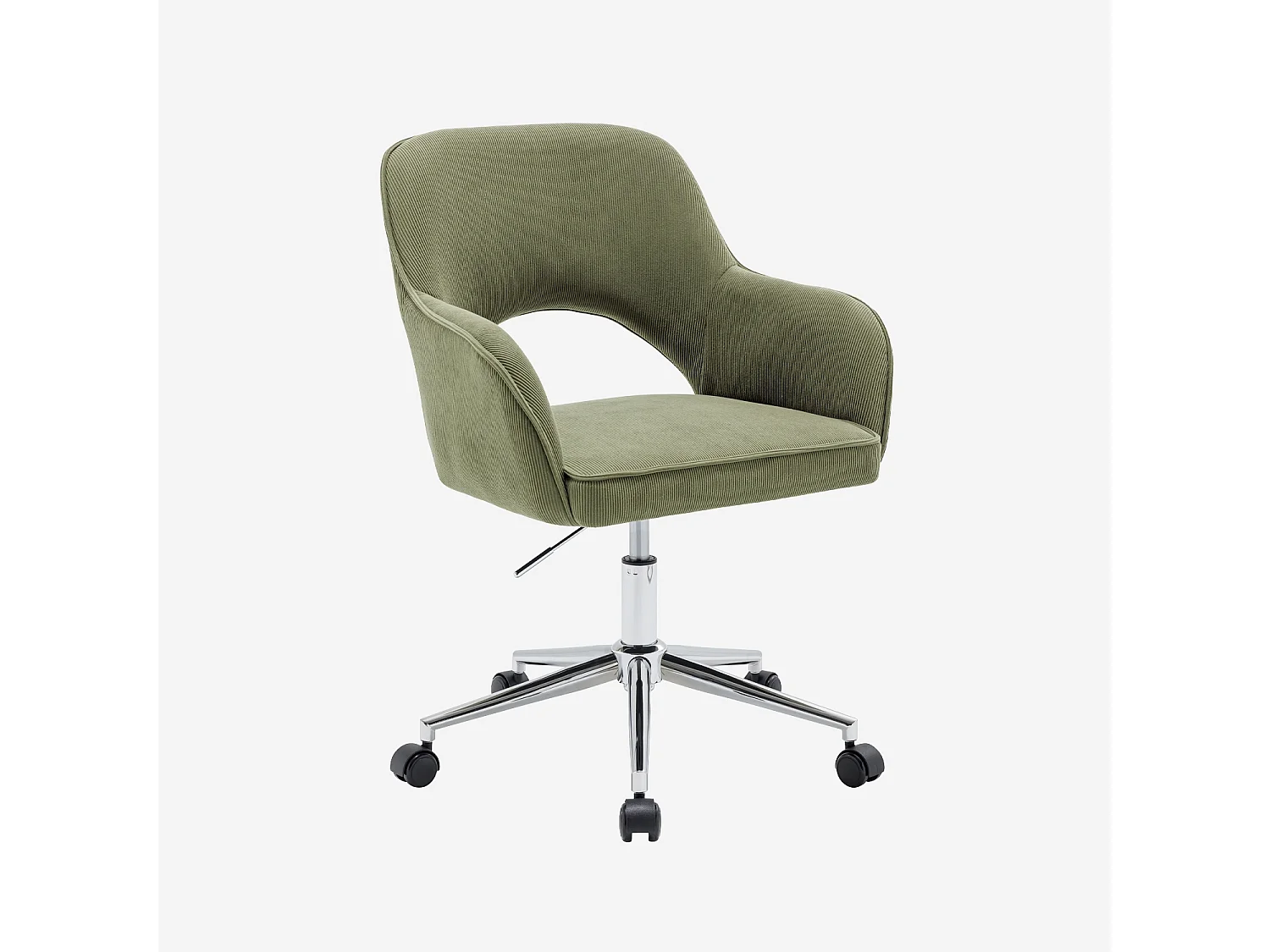 Chaise de bureau à roulettes velours côtelé kaki piétement chromé. L 60 x P 62 x H 89 / 99cm