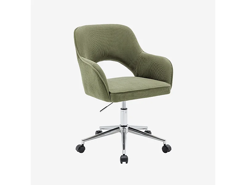 Chaise de bureau à roulettes velours côtelé kaki piétement chromé. L 60 x P 62 x H 89 / 99cm
