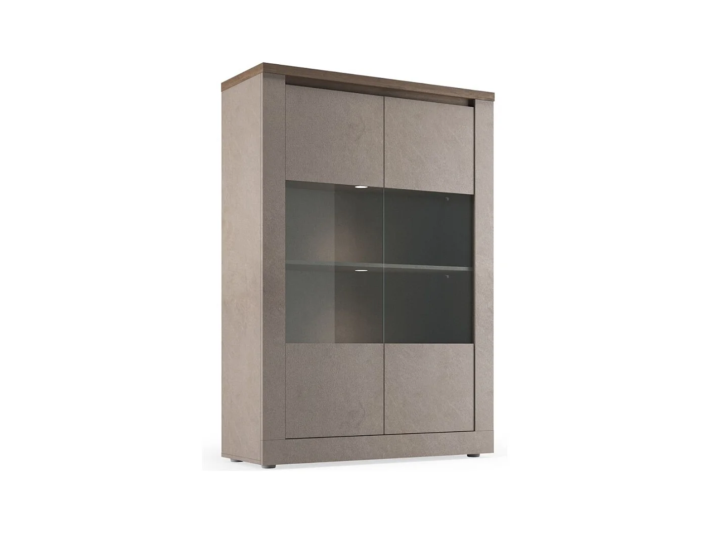 Vitrina SASHA – 2 puertas con 3 estantes y LED – Bronce y superficie de madera Mercurio