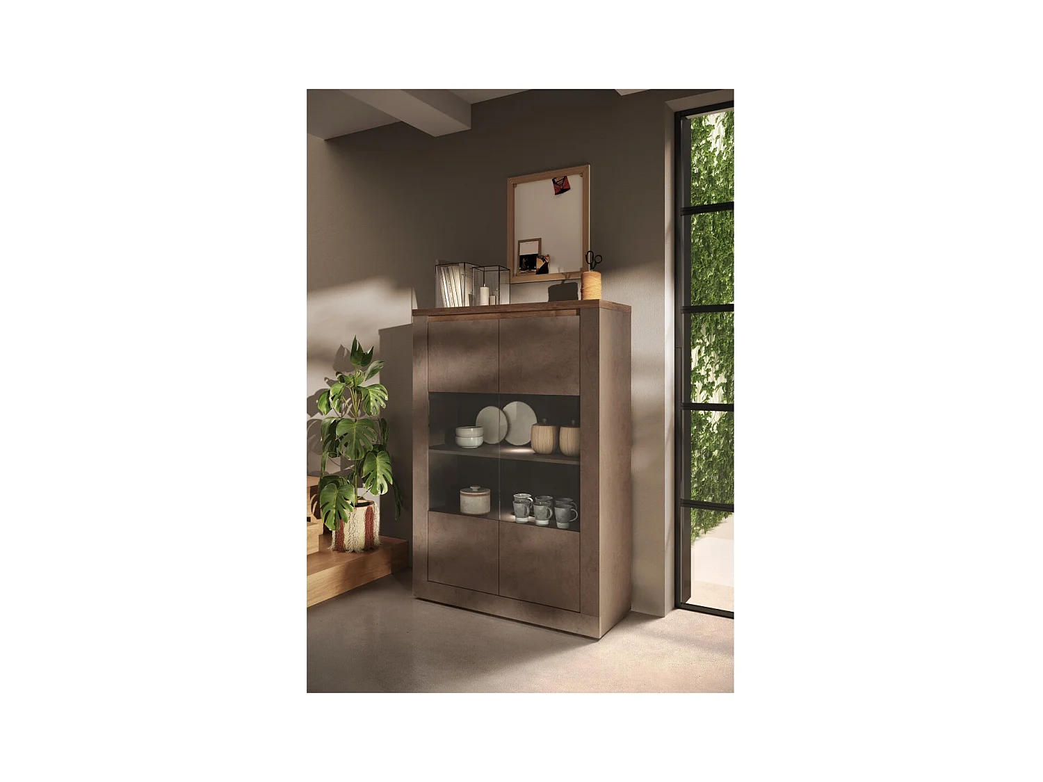 Vitrina SASHA – 2 puertas con 3 estantes y LED – Bronce y superficie de madera Mercurio