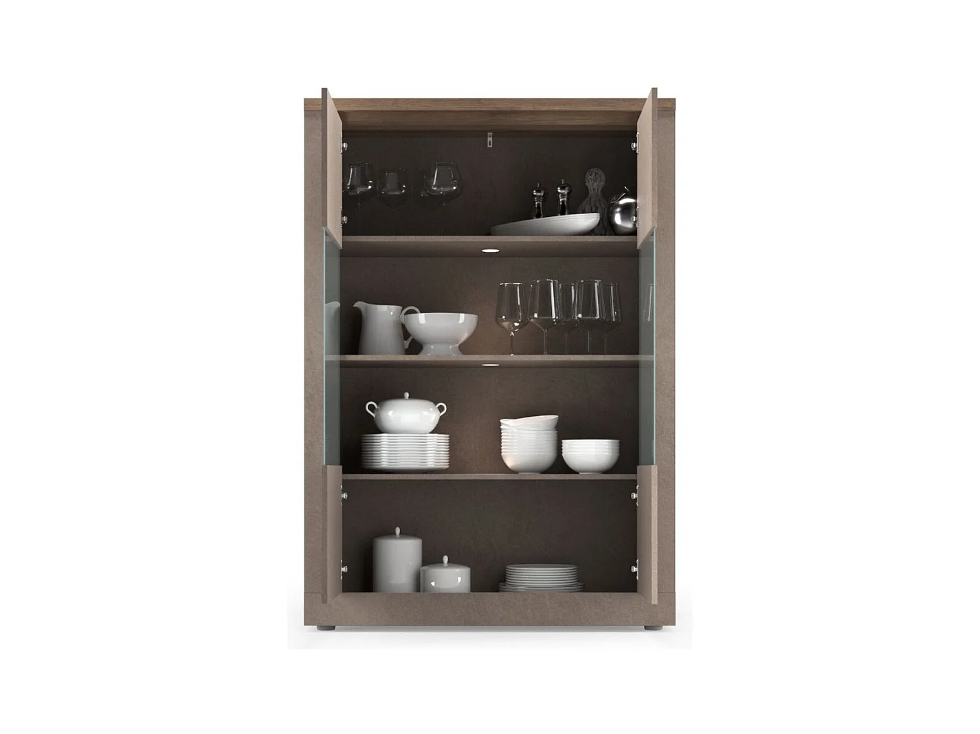 Vitrina SASHA – 2 puertas con 3 estantes y LED – Bronce y superficie de madera Mercurio