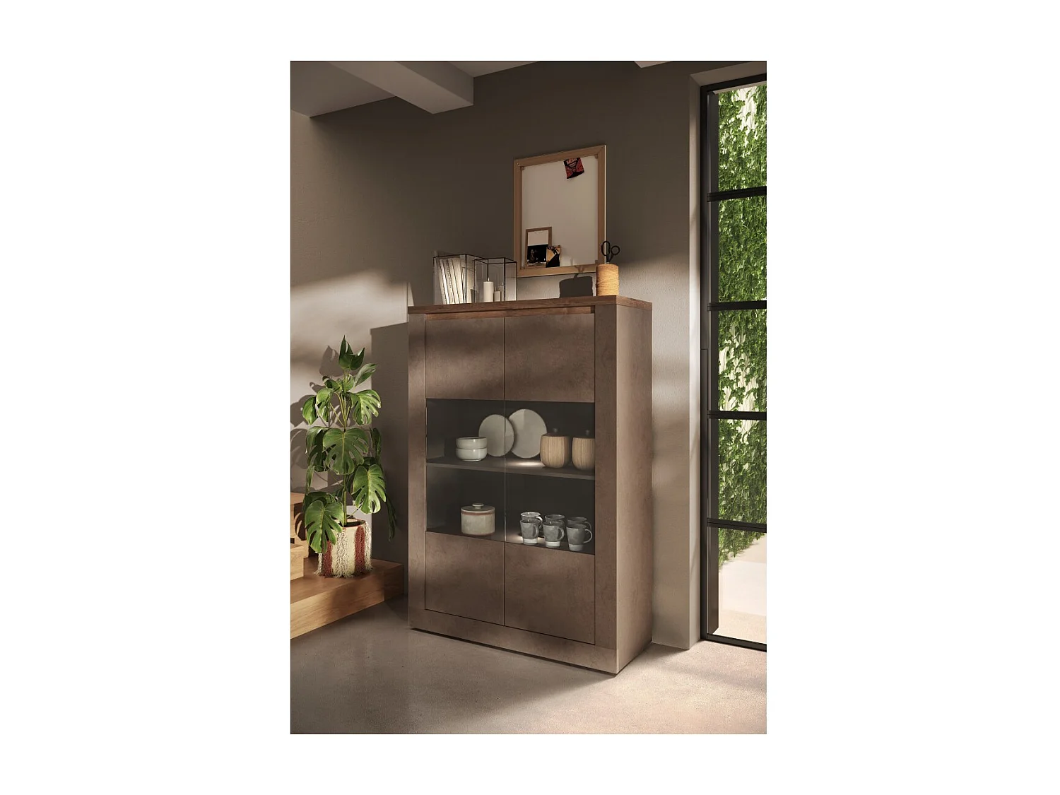 Vitrina SASHA – 2 puertas con 3 estantes y LED – Bronce y superficie de madera Mercurio