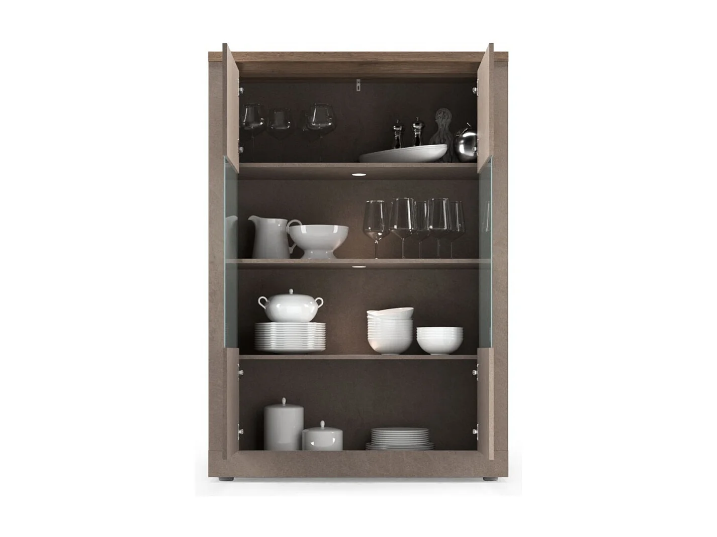 Vitrina SASHA – 2 puertas con 3 estantes y LED – Bronce y superficie de madera Mercurio