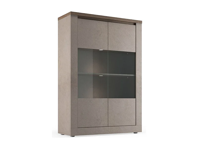 Vitrina SASHA – 2 portas com 3 prateleiras e LED – Bronze e tampo de madeira Mercúrio