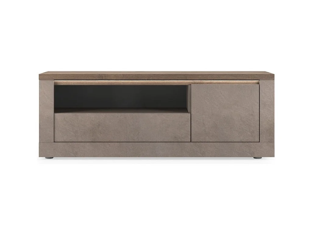 Mueble TV SASHA – 1 puerta, 1 cajón y 1 compartimento con LED – Bronce y tablero de madera Mercurio