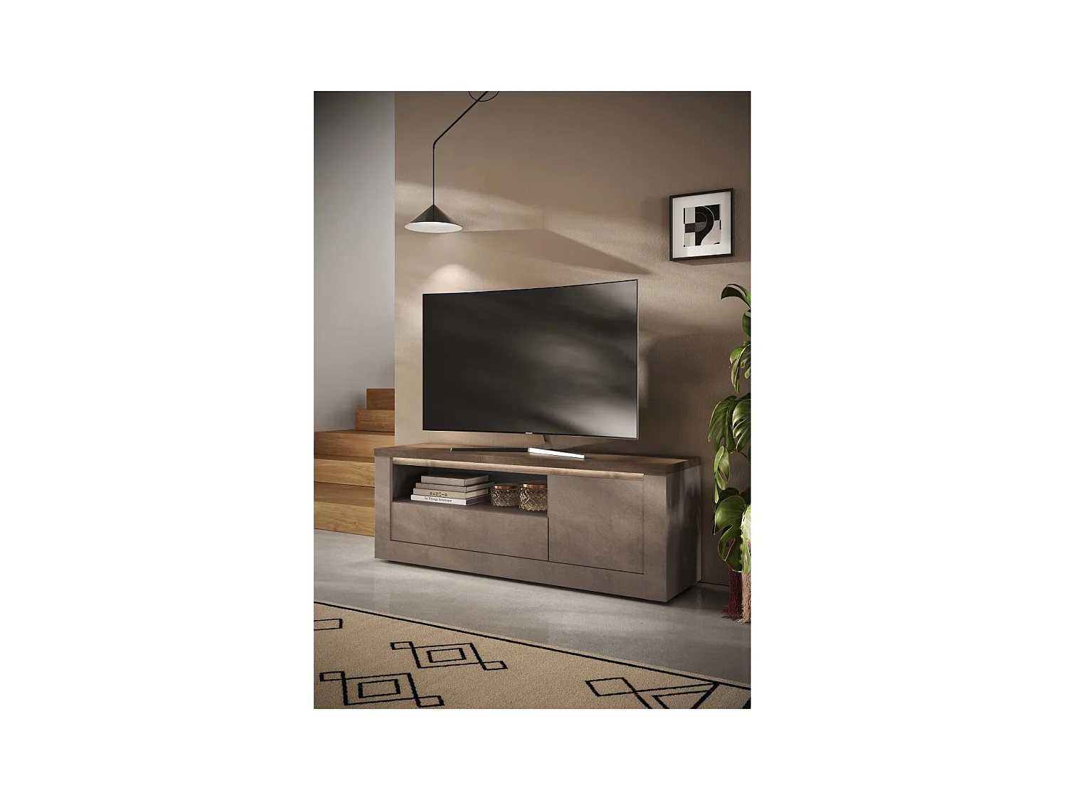 Mueble TV SASHA – 1 puerta, 1 cajón y 1 compartimento con LED – Bronce y tablero de madera Mercurio
