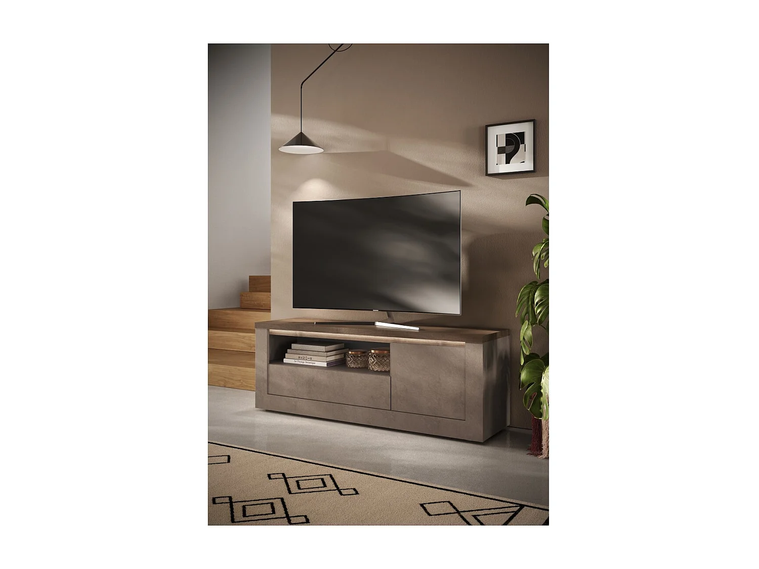 Móvel para TV SASHA – 1 porta, 1 gaveta e 1 nicho com LED – Bronze e tampo de madeira Mercúrio