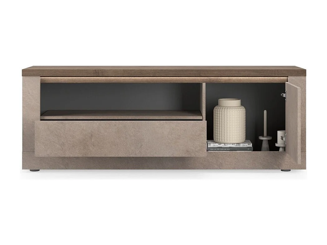 Móvel para TV SASHA – 1 porta, 1 gaveta e 1 nicho com LED – Bronze e tampo de madeira Mercúrio