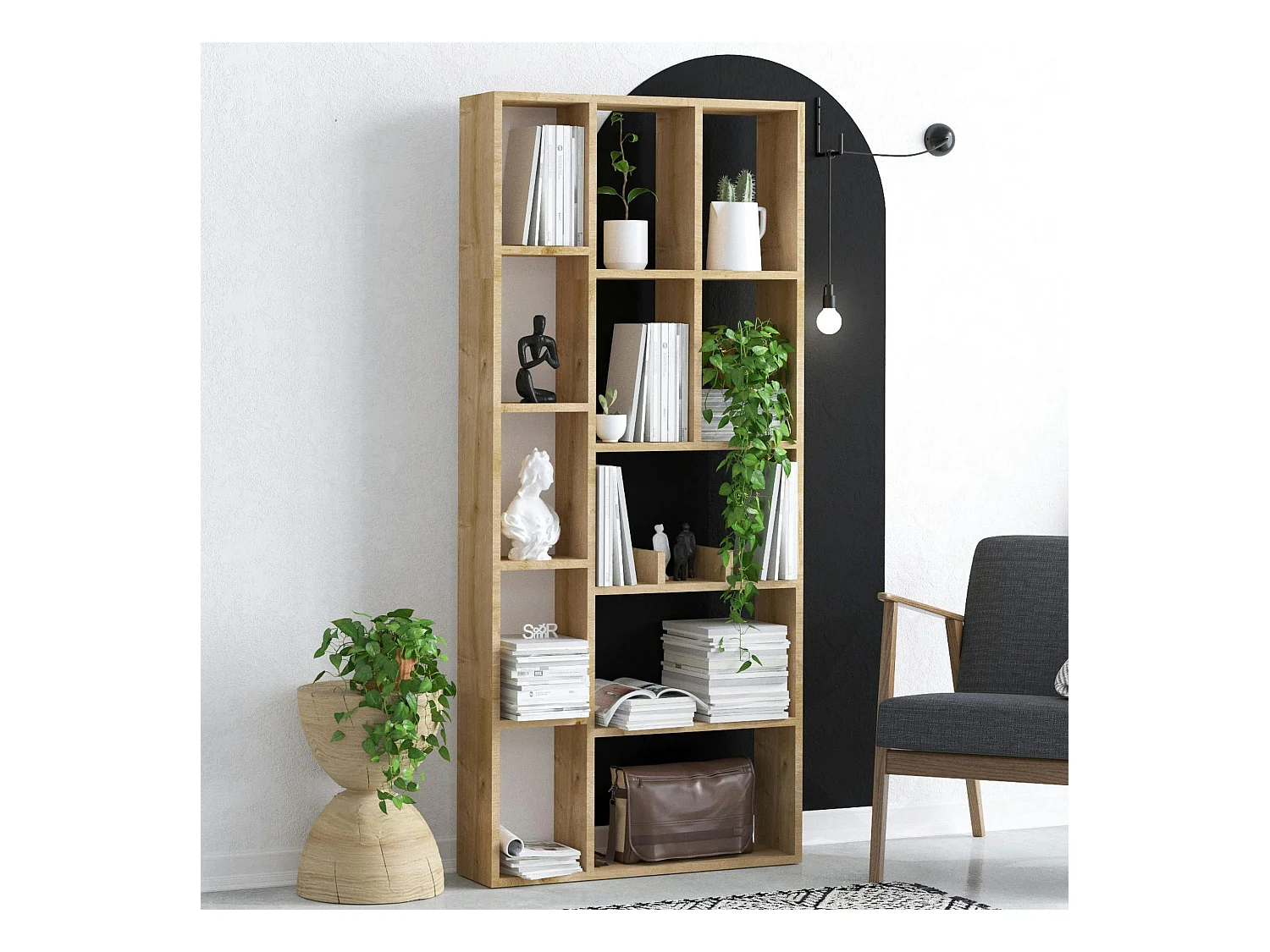 Bibliothèque salon effet bois clair 12 niches MARFA