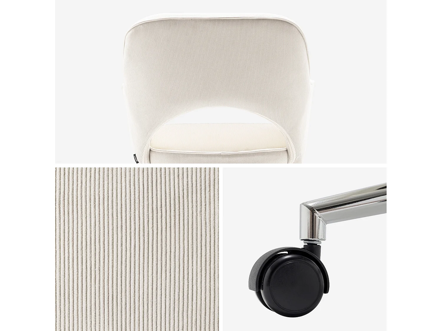 Sedia da ufficio a rotelle velluto a coste base cromata, bianco sporco