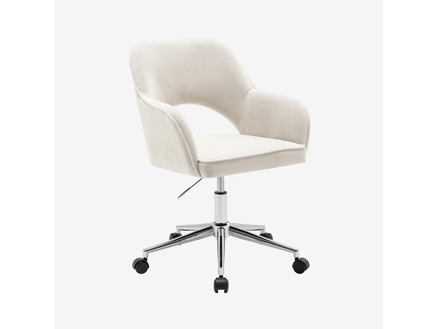 Chaise de bureau à roulettes velours côtelé blanc cassé piétement chromé. L 60 x P 62 x H 89 / 99cm