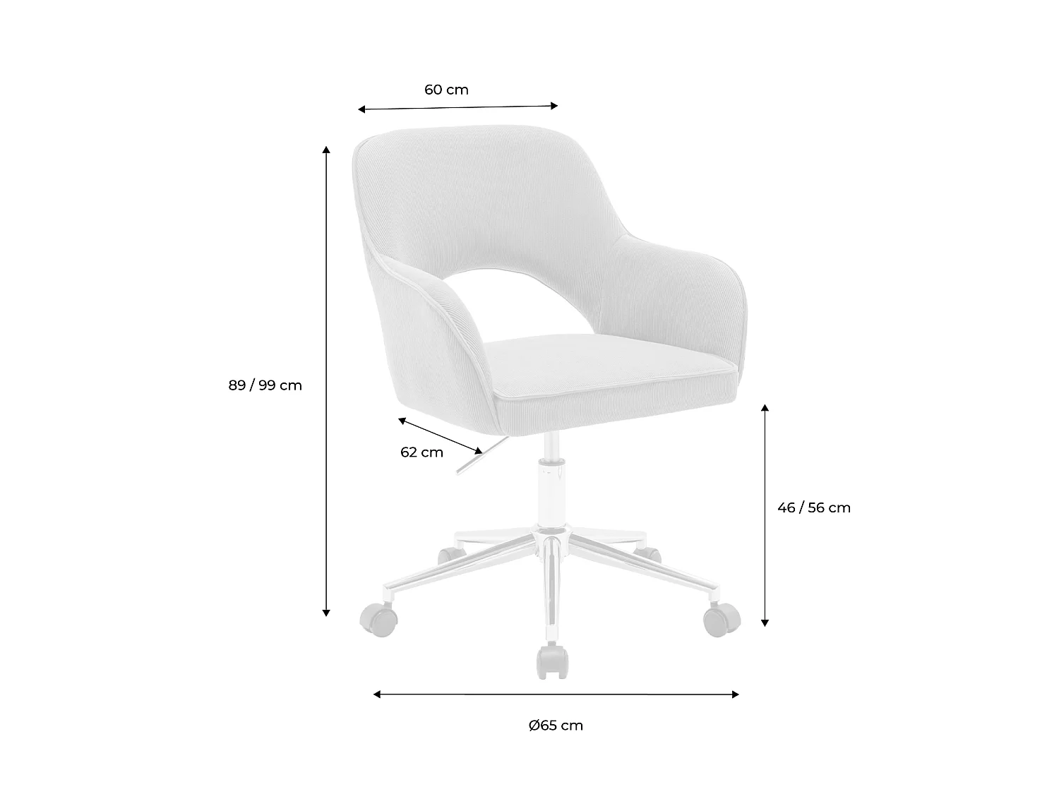 Silla de oficina de pana fina con ruedas y base cromada blanco roto