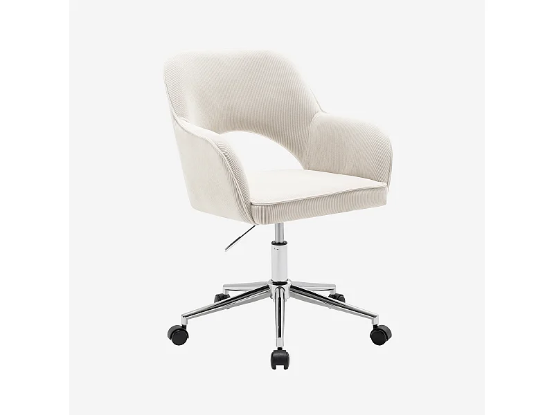 Silla de oficina con ruedas de pana fina y base cromada blanco roto