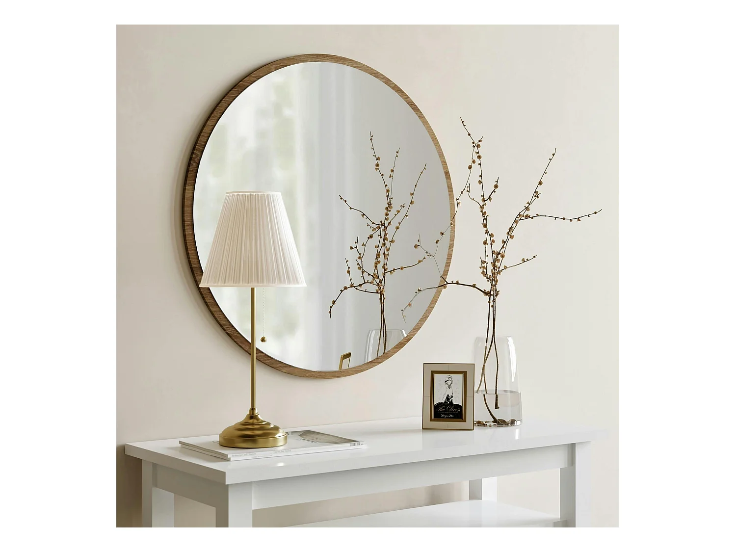 Miroir d'entrée rond effet noyer Ø60 cm - style moderne CODY