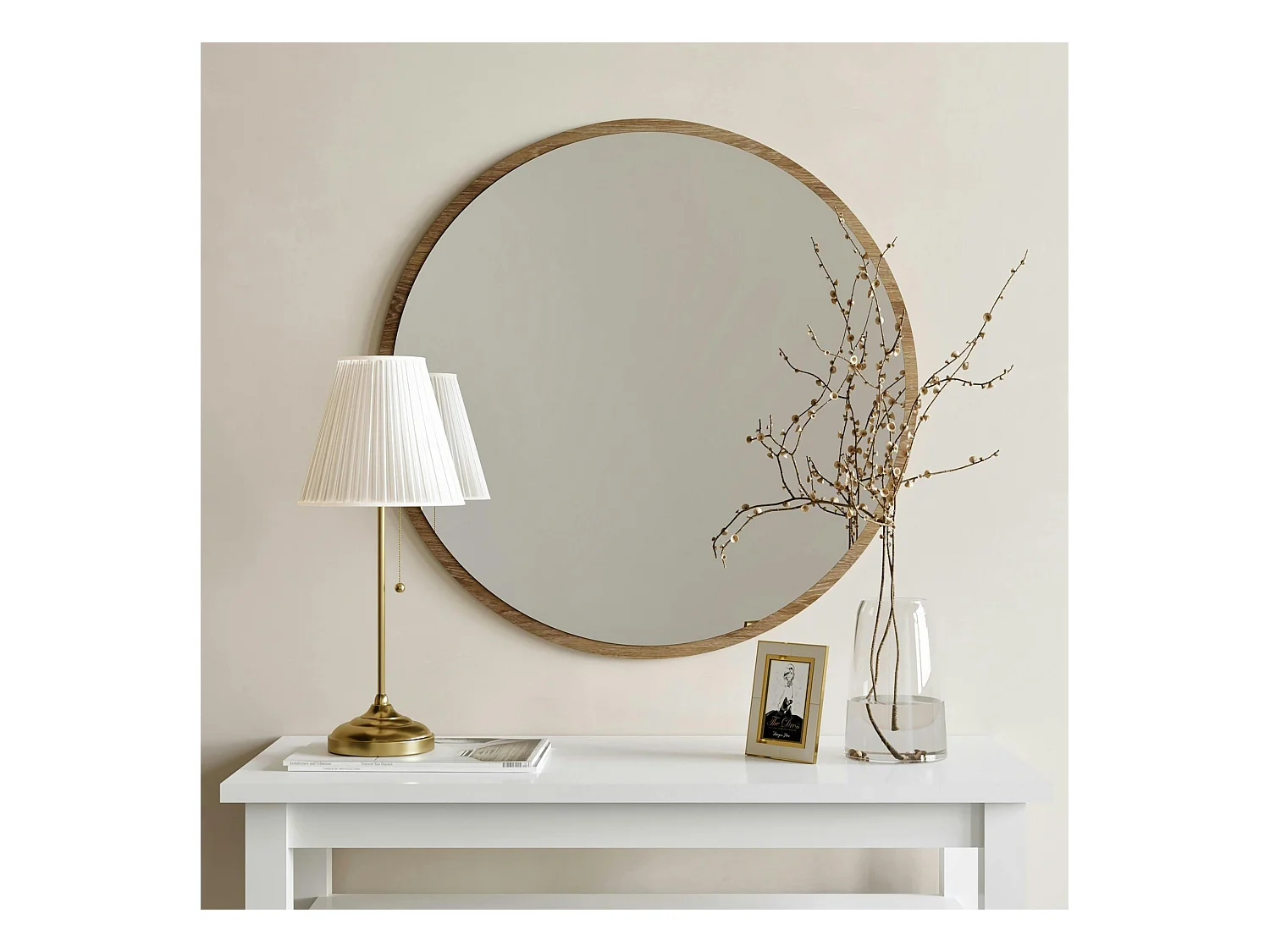 Miroir d'entrée rond effet noyer Ø60 cm - style moderne CODY